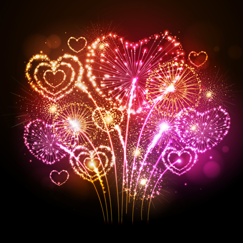 Beautiful fireworks with heart vector 01 Beautiful fireworks with heart vector 01