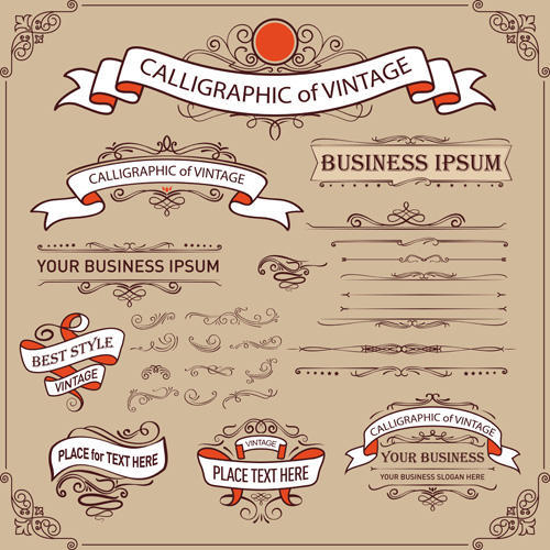 Calligraphic ornaments with vintage ribbon and frame vecctor
