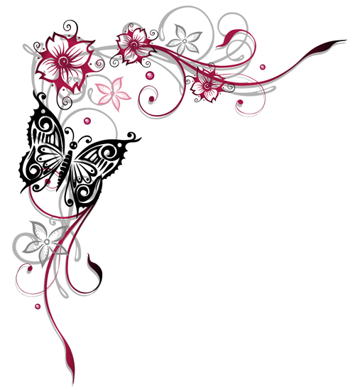 Ornament floral with butterflies vectors material 13