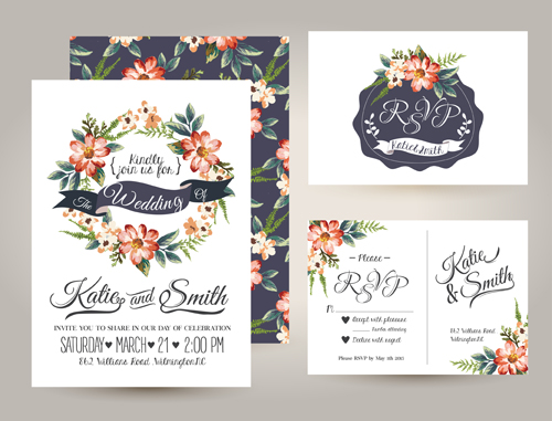 Elegant flower wedding invitation card kit vector 02 Elegant flower wedding invitation card kit vector 02
