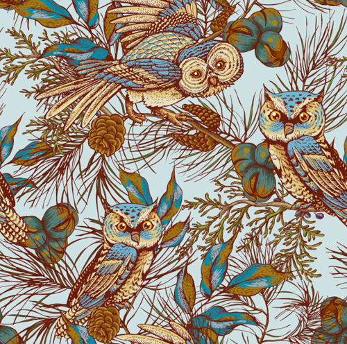 vintage seameless pattern owl botanical 