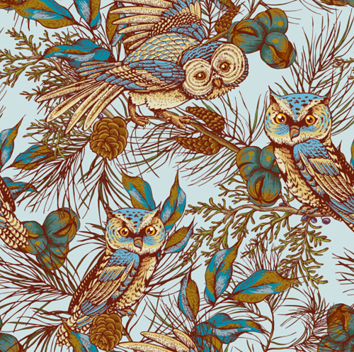 Vintage owl with botanical seameless pattern vector 01 Vintage owl with botanical seameless pattern vector 01