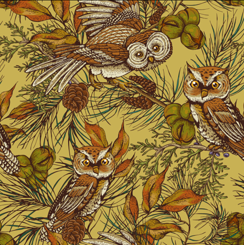 Vintage owl with botanical seameless pattern vector 02 Vintage owl with botanical seameless pattern vector 02