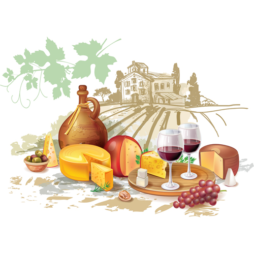 Wine cheese and grapes with farm vector 03 Wine cheese and grapes with farm vector 03