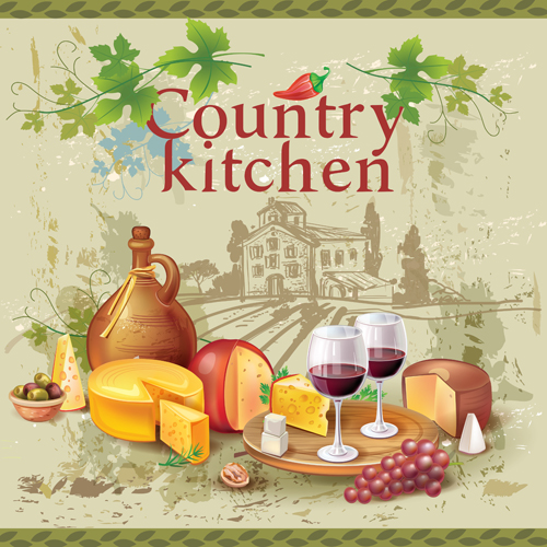 Wine cheese and grapes with farm vector 04 Wine cheese and grapes with farm vector 04