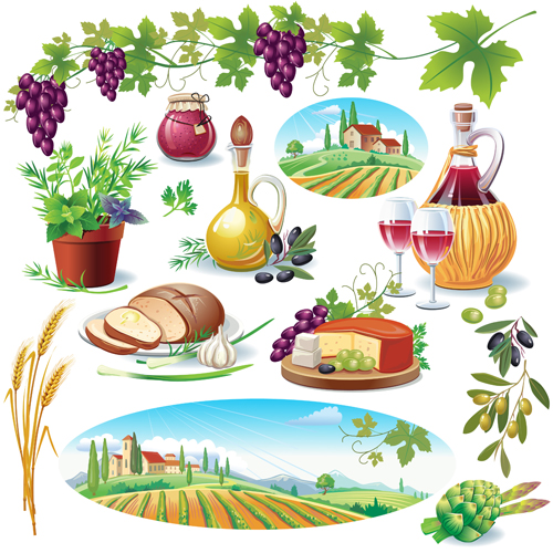 Wine cheese and grapes with farm vector 05 Wine cheese and grapes with farm vector 05