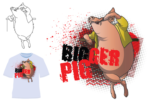 Cute bigger pig for T shirt vector 01 Cute bigger pig for T shirt vector 01
