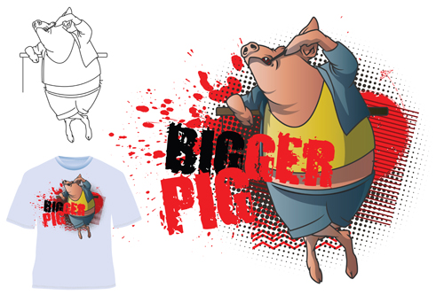 Cute bigger pig for T shirt vector 02 Cute bigger pig for T shirt vector 02