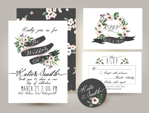 Elegant flower wedding invitation card kit vector 01 Elegant flower wedding invitation card kit vector 01