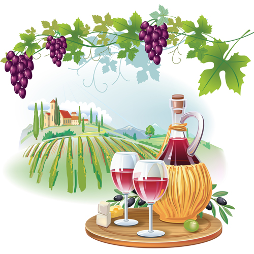 Wine cheese and grapes with farm vector 01 Wine cheese and grapes with farm vector 01