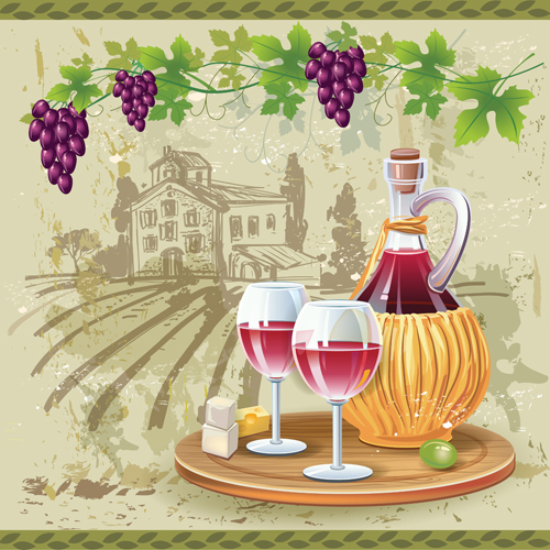 Wine cheese and grapes with farm vector 02 Wine cheese and grapes with farm vector 02