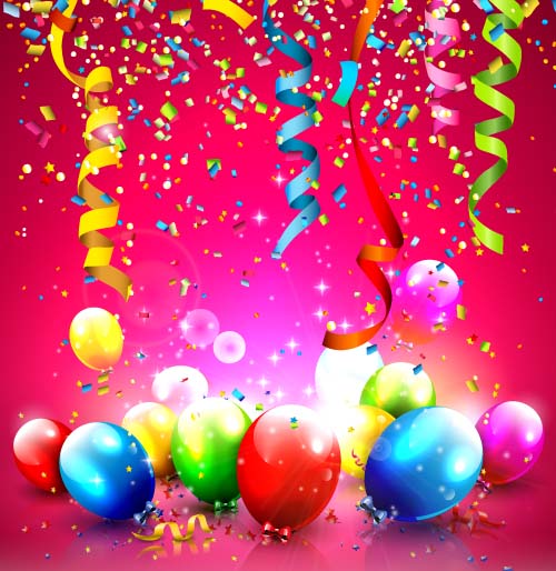 ribbon confetti colored birthday balloons background 