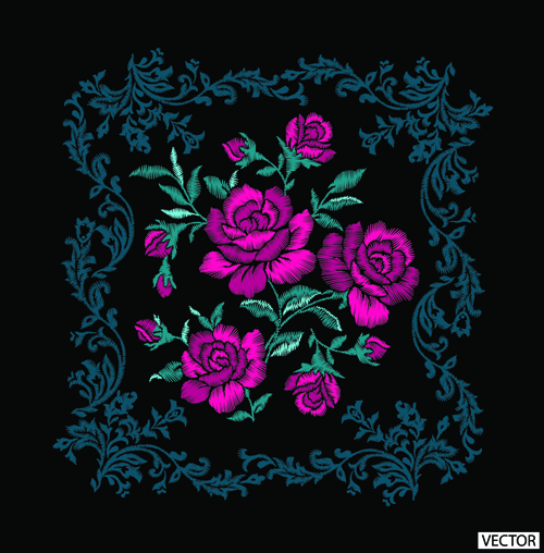 Embroidery flower with frame vector material Embroidery flower with frame vector material