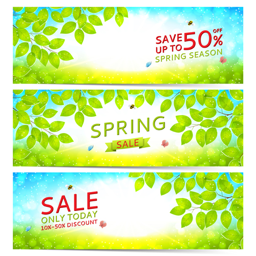 Leaves with spring sale banners vector Leaves with spring sale banners vector