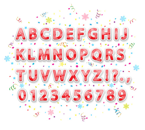 Red christmas alphabet with numbers and snowflake vector Red christmas alphabet with numbers and snowflake vector