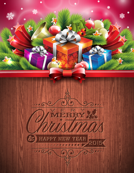 Christmas gift with ornament and wooden background