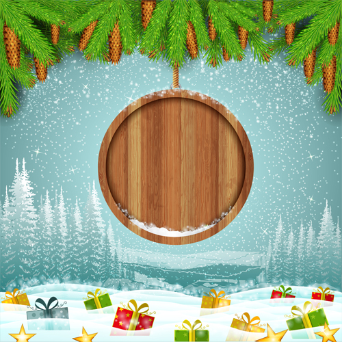 Wood barrel with christmas background design vector 04
