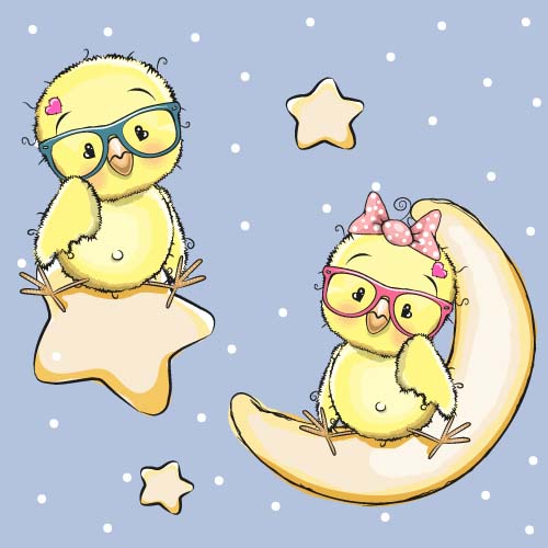 Cartoon chick with stars and moon card vector Cartoon chick with stars and moon card vector
