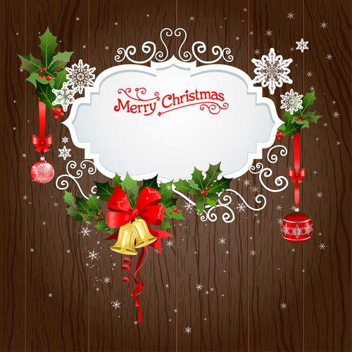 Christmas holly berries with baubles and wood background vector Christmas holly berries with baubles and wood background vector