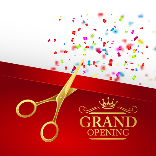 Grand opening with golden scissors background vector 01