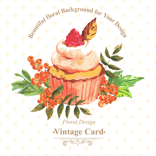 Watercolor cupcakes with vintage card vector 03 Watercolor cupcakes with vintage card vector 03