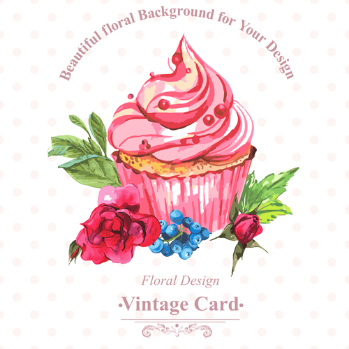Watercolor cupcakes with vintage card vector 04 Watercolor cupcakes with vintage card vector 04