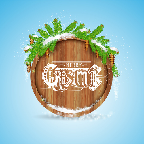 Wood barrel with christmas background design vector 01 Wood barrel with christmas background design vector 01