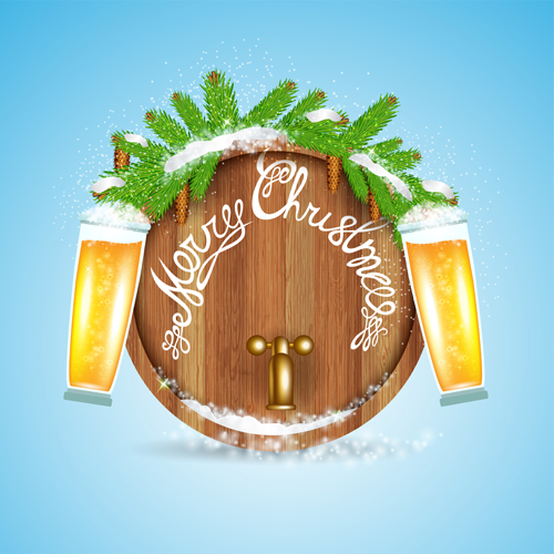 Wood barrel with christmas background design vector 03 Wood barrel with christmas background design vector 03