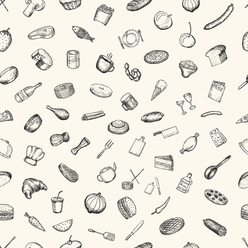 Hand drawn kitchen elements vector seamless pattern Hand drawn kitchen elements vector seamless pattern