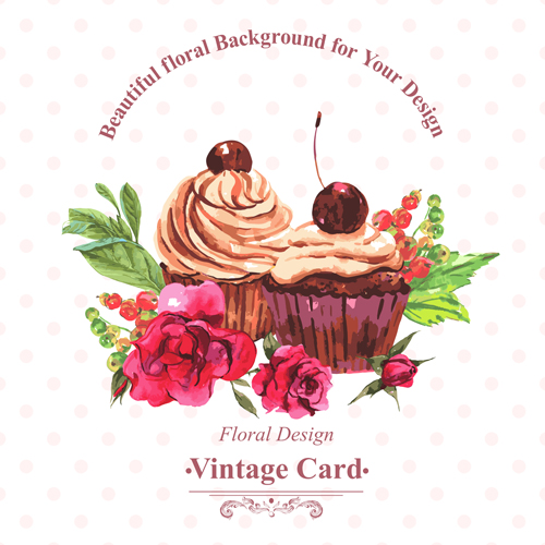 watercolor vintage cupcakes card 