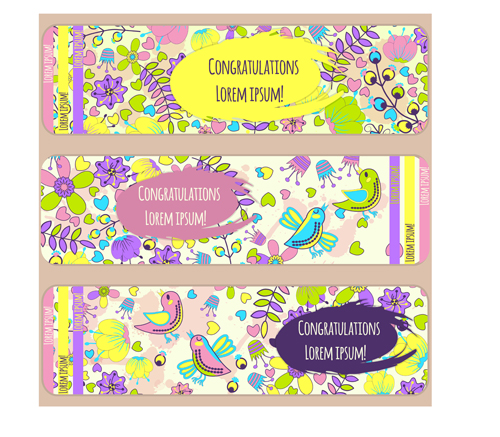 Doodle birds with flower banners vector 03 Doodle birds with flower banners vector 03