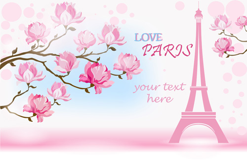 Pink flower with paris background vector 01 Pink flower with paris background vector 01