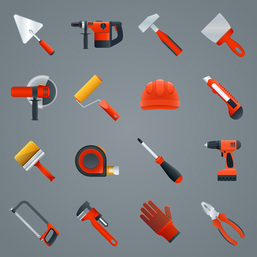 Red working tools icons vectors