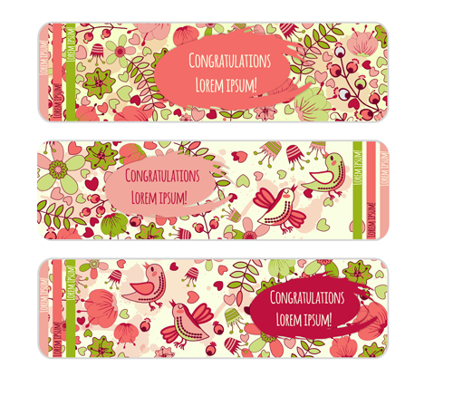Doodle birds with flower banners vector 04