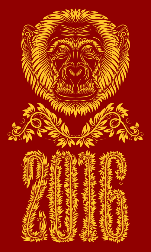 2016 monkey floral pattern design vector 04