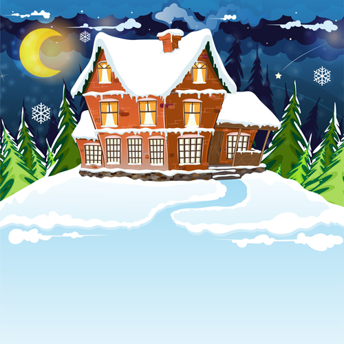 Cartoon house with winter landscape vector 04 Cartoon house with winter landscape vector 04