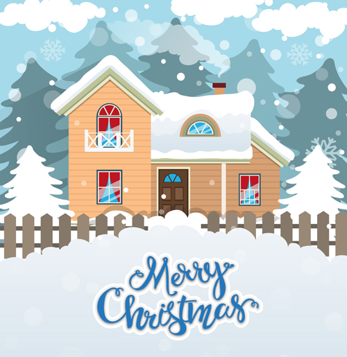 Cartoon house with winter landscape vector 05 Cartoon house with winter landscape vector 05