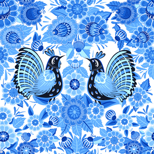 Blue ornaments floral pattern vector material 01