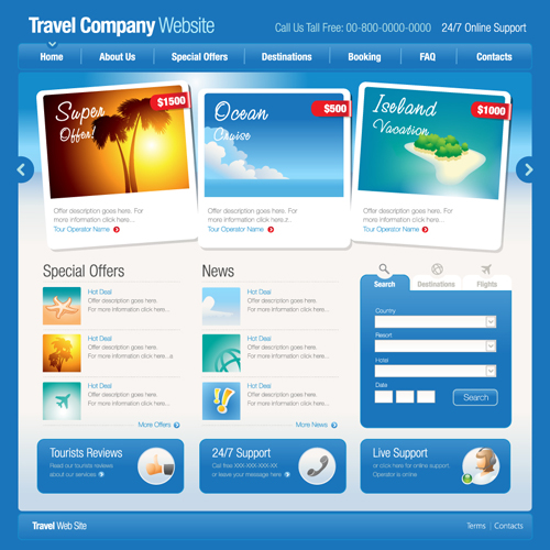Blue styles travel website template vector Blue styles travel website template vector