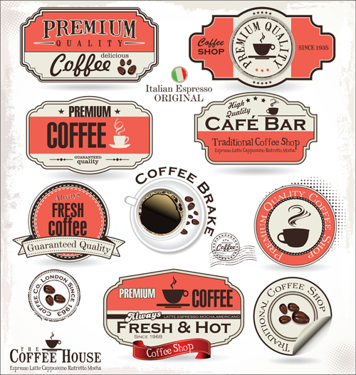 Classic coffee house sticker with labels vector Classic coffee house sticker with labels vector