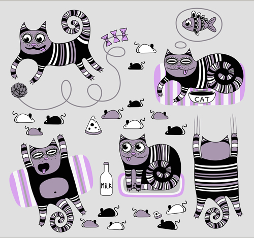 Funny floral pattern cats vector material 05