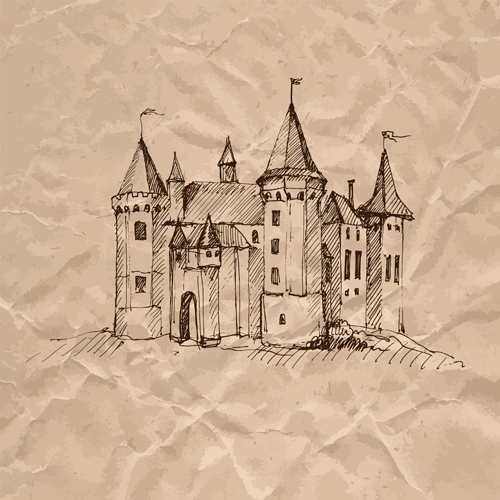 Hand drawn medieval buildings and crumpled paper vector 12