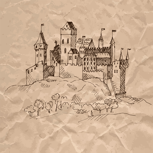 Hand drawn medieval buildings and crumpled paper vector 13