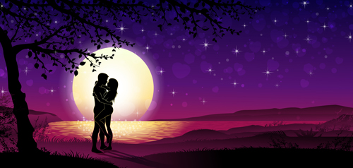 Lovers silhouette with moon and tree vector 02 Lovers silhouette with moon and tree vector 02