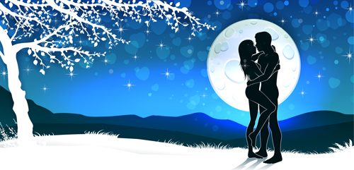 Lovers silhouette with moon and tree vector 03 Lovers silhouette with moon and tree vector 03