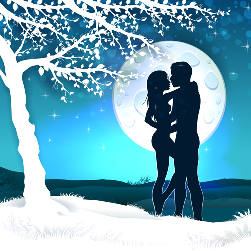 Lovers silhouette with moon and tree vector 04 Lovers silhouette with moon and tree vector 04