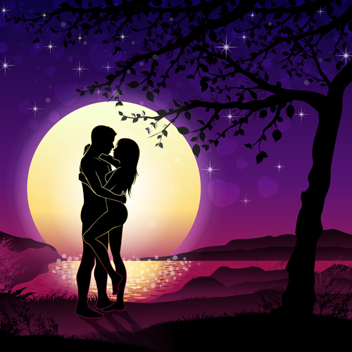 Lovers silhouette with moon and tree vector 06 Lovers silhouette with moon and tree vector 06