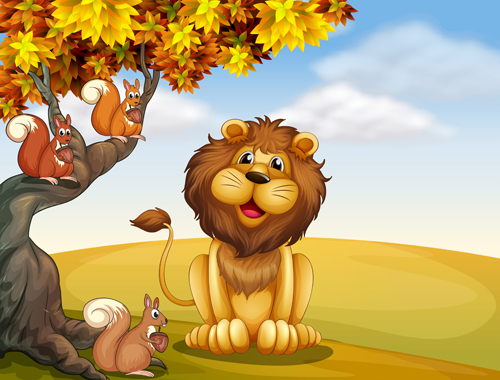 Cartoon lion with beautiful nature vector 01 Cartoon lion with beautiful nature vector 01