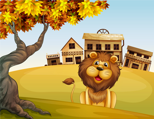 Cartoon lion with beautiful nature vector 02 Cartoon lion with beautiful nature vector 02