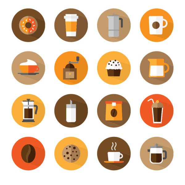 Flat round coffee icons material